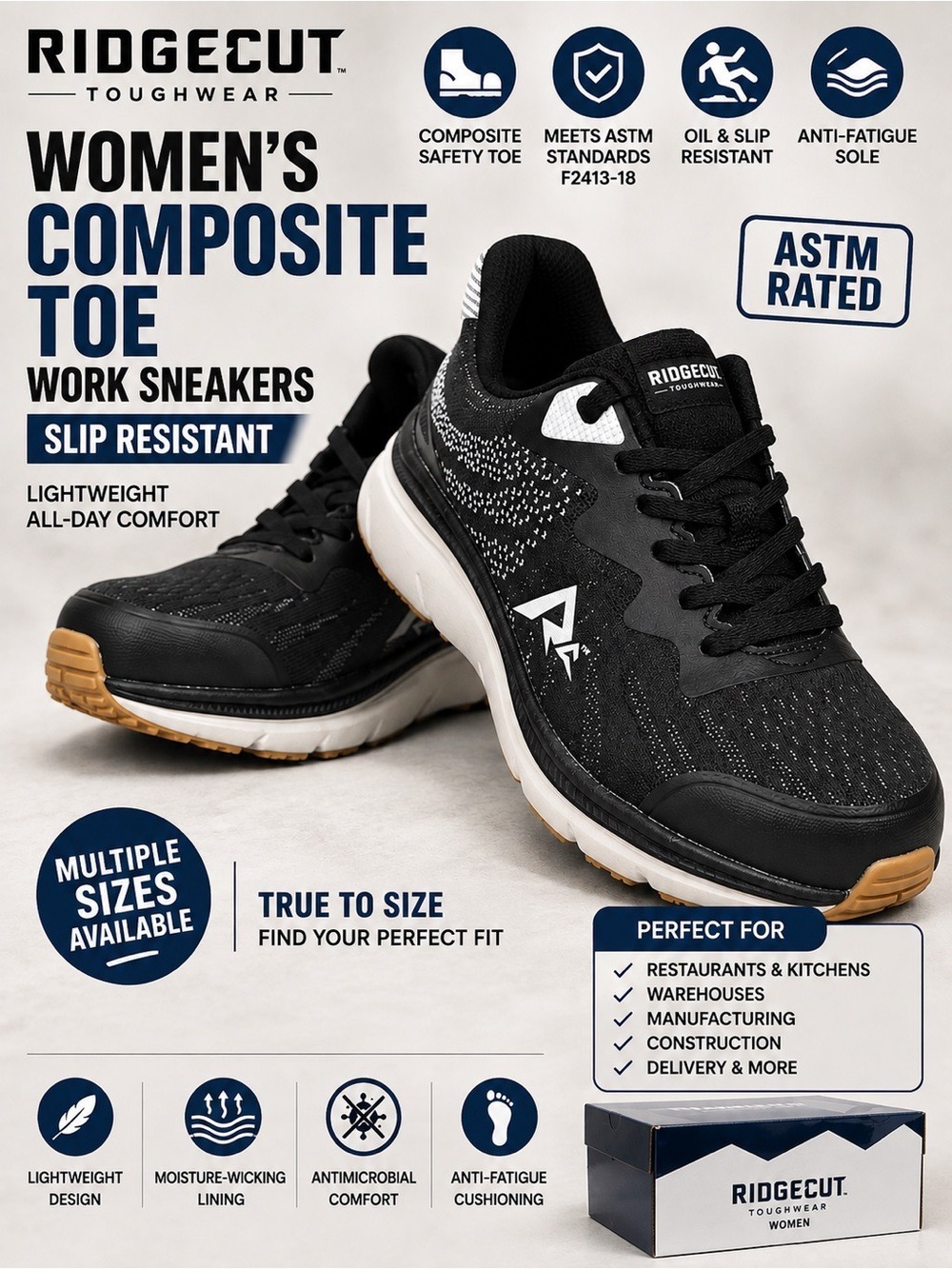 Ridgecut Women’s Safety Composite Toe Work Sneakers Slip Resistant ASTM NIB